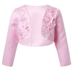 iEFiEL Kinder Bolero Schulterjacke Jäckchen Mädchen Bolero Jacke Festlich - Langarm Weiß Ivory zum Kommunionkleid Taufkleid Rosa 3D Blumen 110-116 von iEFiEL