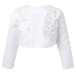 iEFiEL Kinder Bolero Schulterjacke Jäckchen Mädchen Bolero Jacke Festlich - Langarm Weiß Ivory zum Kommunionkleid Taufkleid Weiß 3D Blumen 122-128 von iEFiEL