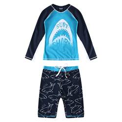 iEFiEL Kinder Jungen Bademode Streifen Schwimmanzug Einteiler UV Schütz Bade-Set Langarm Badeshirt Badeshorts mit Badekappe X Himmel Blau Hai 134-140 von iEFiEL