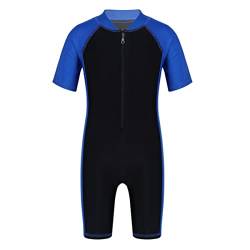 iEFiEL Kinder Mädchen Jungen Einteiliger Badeanzug mit Reißverschluss Kurzarm Schwimmanzug Schnelltrocknend Rash Guard mit Badekappe Blau + Schwarz 146-152 von iEFiEL