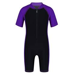 iEFiEL Kinder Mädchen Jungen Einteiliger Badeanzug mit Reißverschluss Kurzarm Schwimmanzug Schnelltrocknend Rash Guard mit Badekappe Lila + Schwarz 146-152 von iEFiEL