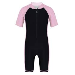 iEFiEL Kinder Mädchen Jungen Einteiliger Badeanzug mit Reißverschluss Kurzarm Schwimmanzug Schnelltrocknend Rash Guard mit Badekappe Rosa + Schwarz 158-164 von iEFiEL