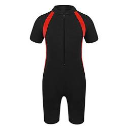 iEFiEL Kinder Mädchen Jungen Einteiliger Badeanzug mit Reißverschluss Kurzarm Schwimmanzug Schnelltrocknend Rash Guard mit Badekappe Schwarz A 134-140 von iEFiEL