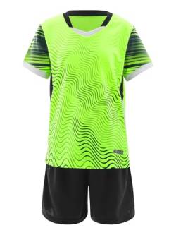 iEFiEL Kinder Mädchen Jungen Fussball Uniform Trikots Set Sportanzug Wettbewerb Sportbekleidung Kurzarm T-Shirt mit Kurze Hosen Shorts Basketball Sport Set Xc Fluoreszierendes Grün 122-128 von iEFiEL