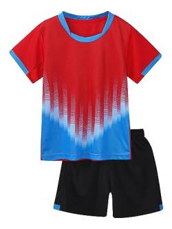 iEFiEL Kinder Mädchen Jungen Fussball Uniform Trikots Set Sportanzug Wettbewerb Sportbekleidung Kurzarm T-Shirt mit Kurze Hosen Shorts Basketball Sport Set Xf Rot 122-128 von iEFiEL