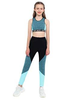 iEFiEL Kinder Trainingsanzug Mädchen Sport BH Weste + Leggings Sportlich Jogginganzug Druck Sportanzug Jumpsuit Große 98-176 Blau 170-176 von iEFiEL