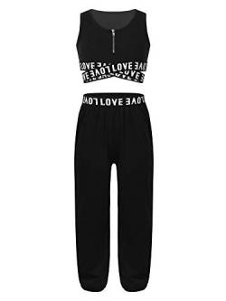 iEFiEL Kinder Trainingsanzug Mädchen Sport BH Weste + Leggings Sportlich Jogginganzug Druck Sportanzug Jumpsuit Große 98-176 Y Schwarz B 134-140 von iEFiEL