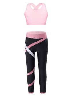 iEFiEL Kinder Trainingsanzug Mädchen Sport BH Weste + Leggings Sportlich Jogginganzug Druck Sportanzug Jumpsuit Große 98-176 Zc Schwarz + Rosa 134-140 von iEFiEL