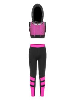 iEFiEL Kinder Trainingsanzug Mädchen Sport BH Weste + Leggings Sportlich Jogginganzug Druck Sportanzug Jumpsuit Große 98-176 Ze Rosa 122-128 von iEFiEL