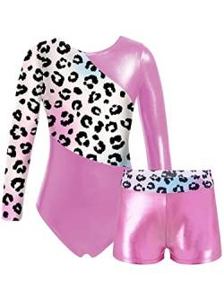 iEFiEL Mädchen Einhörner Turnanzug Langarm Glänzend Gymnastik Kleidung Set Muster Ballett Trikot Tanzkostüme Langarmbody mit Shorts Rosa Leopard 110-116 von iEFiEL