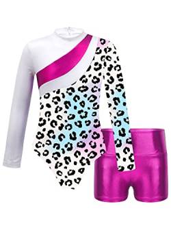 iEFiEL Mädchen Einhörner Turnanzug Langarm Glänzend Gymnastik Kleidung Set Muster Ballett Trikot Tanzkostüme Langarmbody mit Shorts Tc Rose Leopard 122-128 von iEFiEL