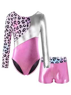 iEFiEL Mädchen Einhörner Turnanzug Langarm Glänzend Gymnastik Kleidung Set Muster Ballett Trikot Tanzkostüme Langarmbody mit Shorts Y Rosa Leopard 146-152 von iEFiEL