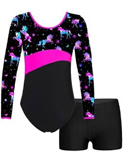 iEFiEL Mädchen Einhörner Turnanzug Langarm Glänzend Gymnastik Kleidung Set Muster Ballett Trikotanzug Tanzkostüme Langarmbody mit Shorts Ub Schwarz + Rosa 98-104 von iEFiEL