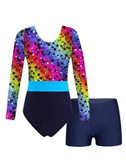 iEFiEL Mädchen Einhörner Turnanzug Langarm Glänzend Gymnastik Kleidung Set Muster Ballett Trikotanzug Tanzkostüme Langarmbody mit Shorts Xb Blau 146-152 von iEFiEL