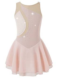 iEFiEL Mädchen Eiskunstlauf Kleid Glitzer Ballettkleid Ärmellos Ballettanzug Ballett Trikot Body mit Strass Wettbewerb Kostüm Gymnastikanzug Y Rosa 110-116 von iEFiEL