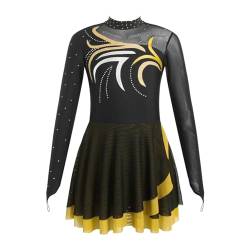 iEFiEL Mädchen Eiskunstlauf Kleider Langarm Glitzer Ballettkleid Swing Kleid Schaukel Tanzkleid Turnanzug Kinder Tanzkostüme Zf Gelb 140 von iEFiEL