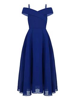 iEFiEL Mädchen Festlich Kleid Hochzeit Brautjungfern Kleider Chiffon Abendkleid Schulterfreies Kleider Sommerkleid Festzug Kleidung Royal Blau Trägerkleid 146-152 von iEFiEL