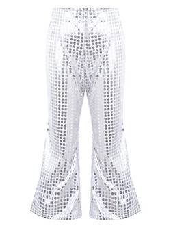 iEFiEL Mädchen Glitzer Hosen Mit Pailletten Schlaghose Lange Glockenhose Hose Hip-Hop Tanzhosen Jazz Jogger Trainingshose Silber 146-152 von iEFiEL