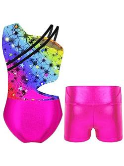 iEFiEL Mädchen Glitzer Turnanzug Ärmellose Leotards Rückenfrei Ballettanzug mit Strass Ballettkleidung Gymnastikbody Tanzkostüm Xa Sternenklarer Regenbogen 122-128 von iEFiEL