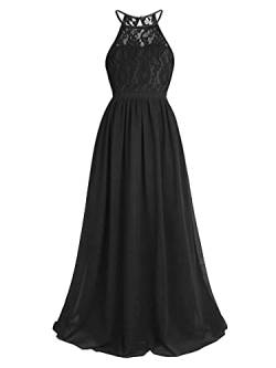 iEFiEL Mädchen Kleid Festlich Spitze Prinzessin Kleid Neckholder Abendkleid Empire Blumenmädchenkleid Hochzeit Partykleid Chiffon Festkleid Schwarz 140 von iEFiEL