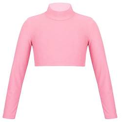 iEFiEL Mädchen Langarm Shirt Rollkragen Top Bauchfrei Oberteil Bluse Crop Top für Ballett Tanz Yoga Sport Workout Tanzbekleidung Rosa 140 von iEFiEL