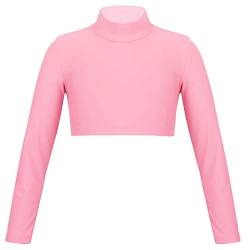 iEFiEL Mädchen Langarm Shirt Rollkragen Top Bauchfrei Oberteil Bluse Crop Top für Ballett Tanz Yoga Sport Workout Tanzbekleidung Rosa 164 von iEFiEL