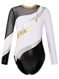 iEFiEL Mädchen Metallic Turnanzug Langarm Gymnastikanzug Tanzbody Leotard mit Strass Glänzende Ballett Trikot Turnkleidung Tanzkostüm X Weiß 110-116 von iEFiEL