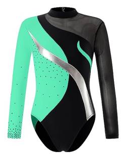 iEFiEL Mädchen Metallic Turnanzug Langarm Gymnastikanzug Tanzbody Leotard mit Strass Glänzende Ballett Trikot Turnkleidung Tanzkostüm Xb Minzgrün 158-164 von iEFiEL