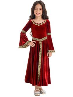 iEFiEL Mädchen Mittelalter Kostüm Renaissance Kleid Vintage Samtkleid Kinder Dirndl Trachtenkleid Karneval Fasching Kostüme Xa Rot 122-128 von iEFiEL