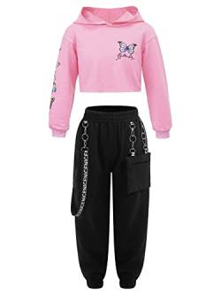 iEFiEL Mädchen Trainingsanzug Langarm Kapuzenpullover Lang Hosen Jogginganzug Sport Outfits Hip-Pop Tanzkleidung Set Rosa 134-140 von iEFiEL