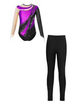 iEFiEL Mädchen Turnanzug Glitzer Gymnastik Leotard Langarm Akrobatik Anzug Tanzkostüme Turnbody Jumpsuit mit Lang Leggings Zd Violett 158-164 von iEFiEL