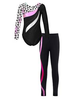 iEFiEL Mädchen Turnanzug Glitzer Gymnastik Leotard Langarm Akrobatik Anzug Tanzkostüme Turnbody mit Lang Sporthosen Jumpsuit Zb Leopard + Hot Rosa 122-128 von iEFiEL