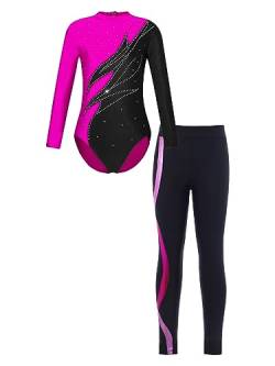 iEFiEL Mädchen Turnanzug Langarm Glitzer Gymnastik Kleidung Set Ballett Trikot Langarmbody mit Lange Hose Kinder Gymnastikanzug Za Rosa 122-128 von iEFiEL