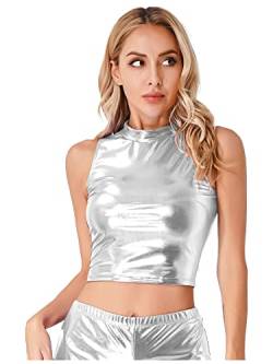 iEFiEL Modische Damen Crop Top Wetlook Bauchfrei Oberteile Ärmellos Rollkragen T-Shirt Weste Unterhemd Rave Gogo Clubwear Silber S von iEFiEL