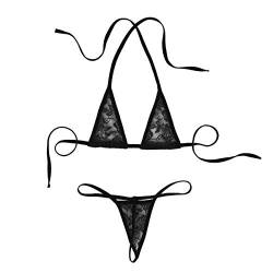 iEFiEL Transparent Damen Micro Bikini Set Spitze Bikinis mit Strings Tanga Mini Triangle Bra Neckholder Top BH Extrem Badeanzug Bademode Schwarz Einheitsgröße von iEFiEL