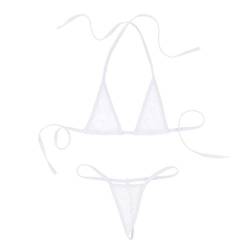 iEFiEL Transparent Damen Micro Bikini Set Spitze Bikinis mit Strings Tanga Mini Triangle Bra Neckholder Top BH Extrem Badeanzug Bademode Weiß Einheitsgröße von iEFiEL