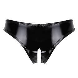 iEFiEL Wetlook Damen Hotpants Ouvert-Slip mit Spitze Rüsche Lackleder Strings Bikinislip Erotik Dessous Unterwäsche Shorts Schwarz (Ouvert) L von iEFiEL