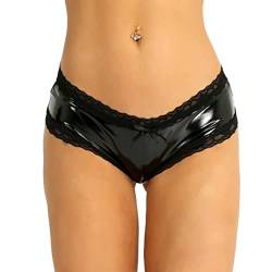 iEFiEL Wetlook Damen Hotpants Ouvert-Slip mit Spitze Rüsche Lackleder Strings Bikinislip Erotik Dessous Unterwäsche Shorts Schwarz S von iEFiEL