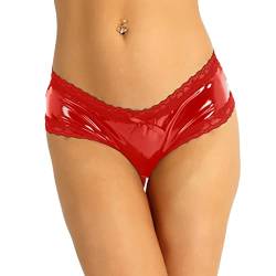 iEFiEL Wetlook Damen Hotpants Ouvert-Slip mit Spitze Rüsche Lackleder Strings Bikinislip Erotik Dessous Unterwäsche Shorts T Rot L von iEFiEL