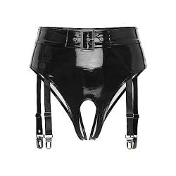 iEFiEL Wetlook Damen Hotpants Ouvert-Slip mit Spitze Rüsche Lackleder Strings Bikinislip Erotik Dessous Unterwäsche Shorts V Schwarz 3XL von iEFiEL