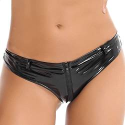 iEFiEL Wetlook Damen Hotpants Ouvert-Slip mit Spitze Rüsche Lackleder Strings Bikinislip Erotik Dessous Unterwäsche Shorts W Schwarz S von iEFiEL