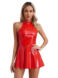 iEFiEL Wetlook Damen Kleid Ärmellos Partykleid A-Linie Skaterkleid Rundhals Lederkleid Clubkleid PVC Faltenrock Minikleid Xa Rot Neckholder M von iEFiEL