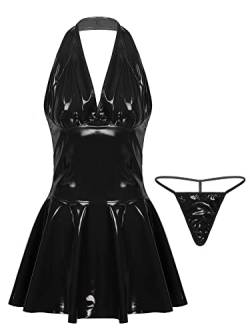 iEFiEL Wetlook Damen Kleid Rückenfrei Partykleid A-Linie Skaterkleid Tief V-Ausschnitt Lederkleid Clubkleid PVC Faltenrock Minikleid M-4XL Schwarz XL von iEFiEL