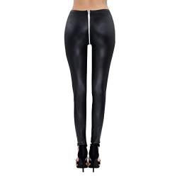 iEFiEL Wetlook Leggings Leggins schwarz Lederoptik Damen Pants Hose lang 2 Wege Reißverschluss Party Clubwear (M, Schwarz) von iEFiEL