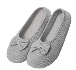 Damen Mädchen Baumwolle Geschlossene Hausschuhe Weicher Ballerina Slippers mit Süßer Schleife Indoor Gemütlich Warme Slippers Leicht Hausschuhe für Schlafzimmer Wohnzimmer Büro (L, Grau, numeric_39) von iEasey