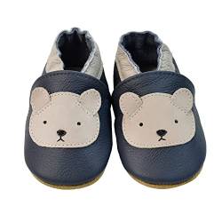 iEvolve Babyschuhe Baby Krabbelschuhe Baby Lauflernschuhe Kinder Hausschuhe aus weichem Leder Einfarbig für Mädchen und Jungen(Marineblau Bär,0-6 Monate) von iEvolve