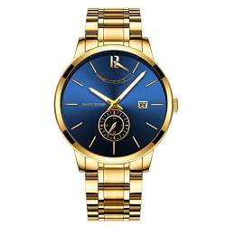 iFCOW Armbanduhr Herren Quarzuhr Edelstahl Analog Armbanduhr für Casual Business (Blau), Gold + Blau, Armband von iFCOW