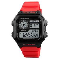 iFCOW Digitale Sport-Armbanduhr für Herren, digitale Sportuhr, doppelte Zeit, Datum, Woche, wasserabweisend, Sport-Armbanduhr, rot von iFCOW