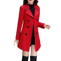 iHENGH Damen Herbst Winter Bequem Mantel Lässig Mode Jacke Frauen Wolle Zweireiher Mantel Elegante Langarm Arbeits Büro Mode Jacke(Rot, 3XL) von iHENGH