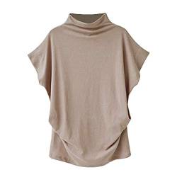 iHENGH Damen Top Bluse Bequem Lässig Mode T-Shirt Frühling Sommer Blusen Frauen Rollkragen Kurzarm Baumwolle Solide Casual Top(Khaki, XL) von iHENGH